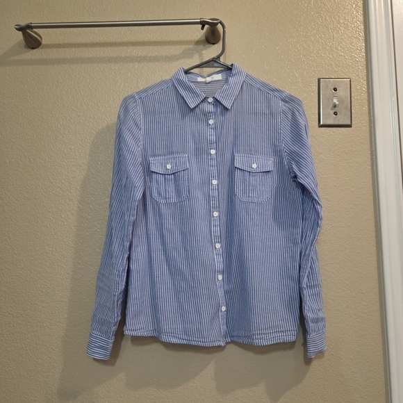 Love Tree Tops - Love Tree Women Blue White Striped Button up Long Sleeve Shirt Size Medium